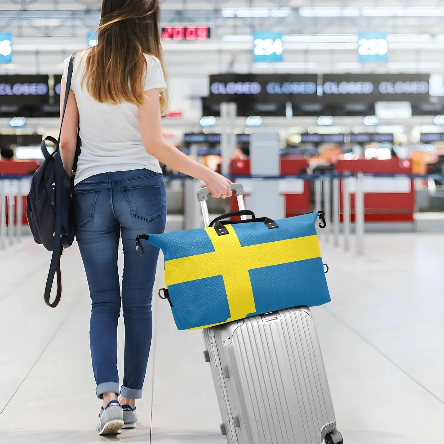 Sinestour Sweden Flag Travel Duffel Bag for Men Women with Makeup Bag Weekend Overnight Carry On Bags for Under Seat Travel Airline