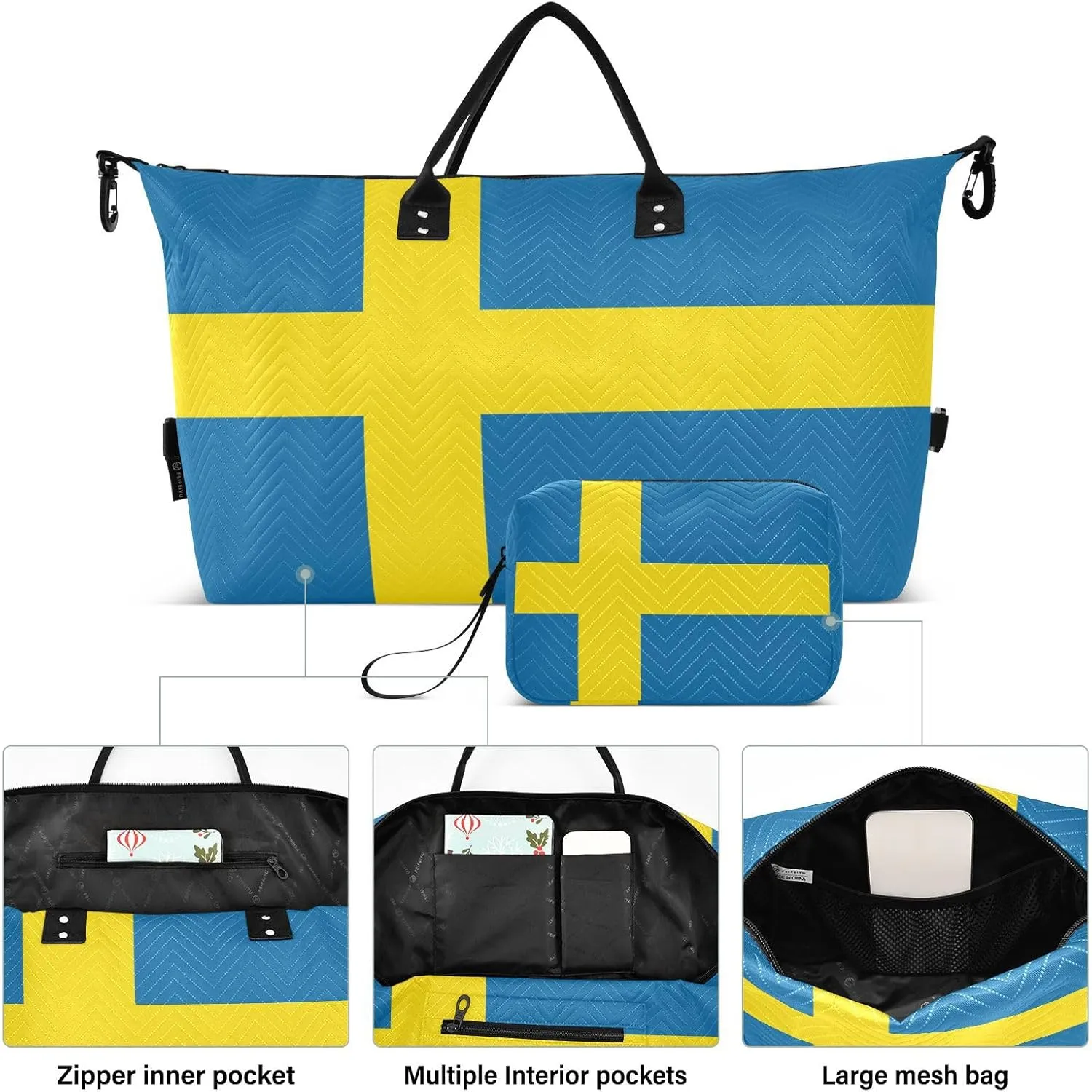 Sinestour Sweden Flag Travel Duffel Bag for Men Women with Makeup Bag Weekend Overnight Carry On Bags for Under Seat Travel Airline