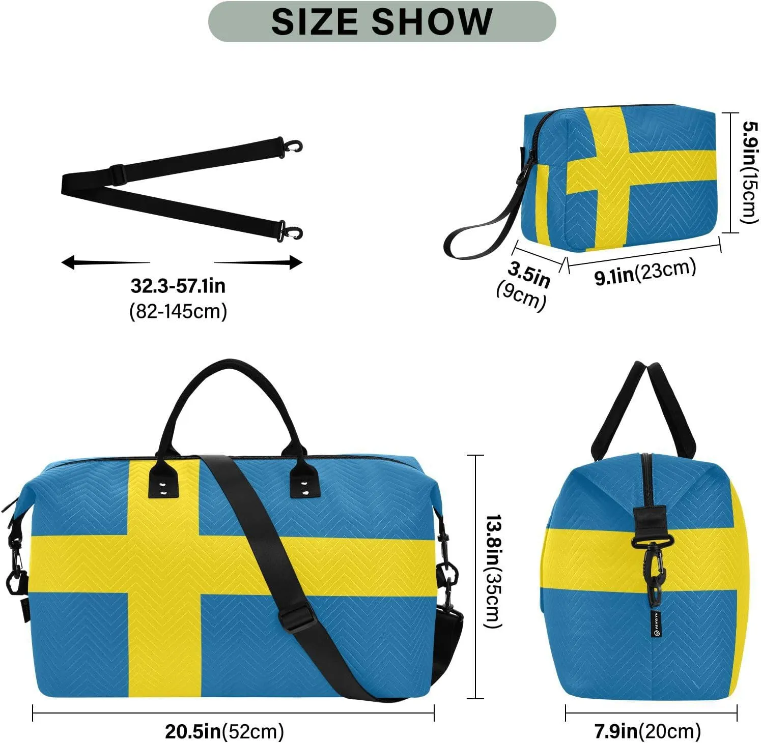 Sinestour Sweden Flag Travel Duffel Bag for Men Women with Makeup Bag Weekend Overnight Carry On Bags for Under Seat Travel Airline