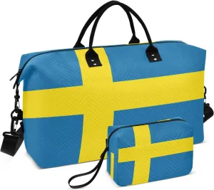 Sinestour Sweden Flag Travel Duffel Bag for Men Women with Makeup Bag Weekend Overnight Carry On Bags for Under Seat Travel Airline