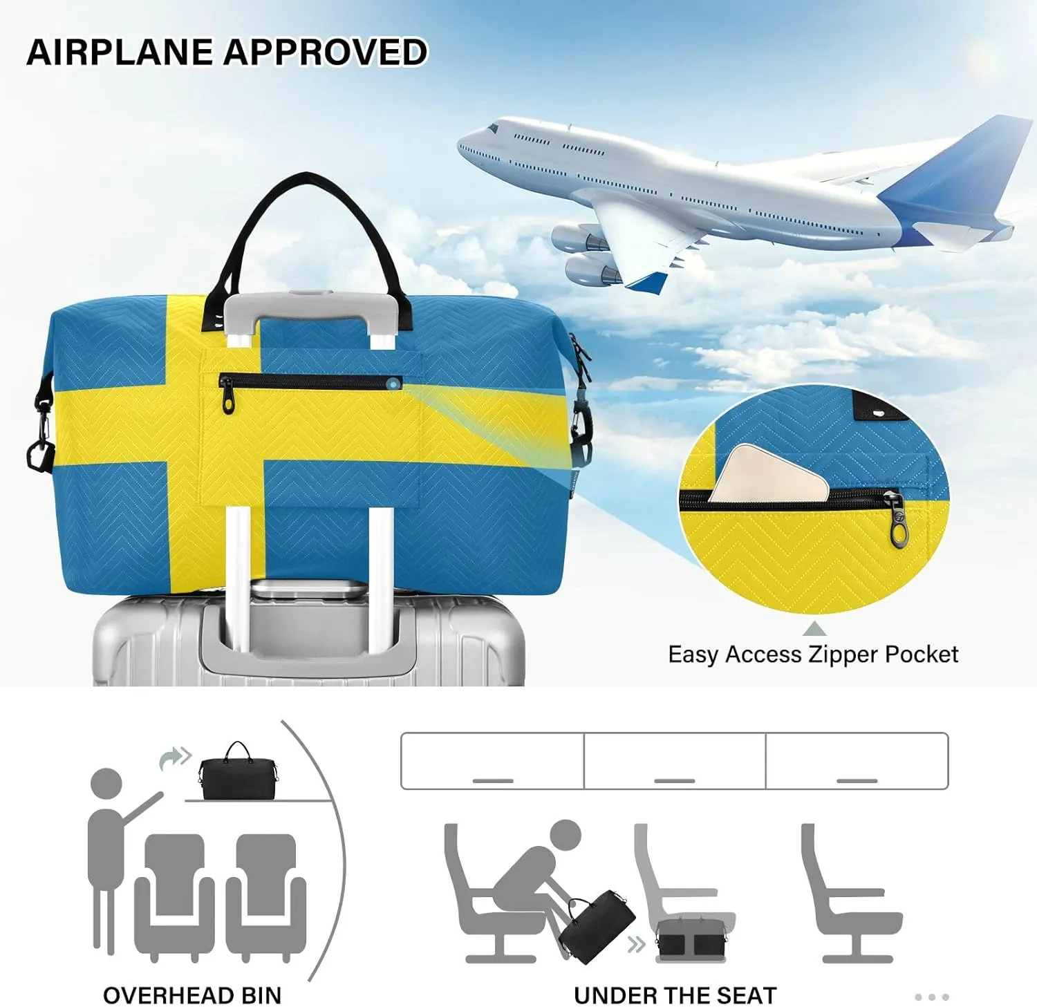Sinestour Sweden Flag Travel Duffel Bag for Men Women with Makeup Bag Weekend Overnight Carry On Bags for Under Seat Travel Airline