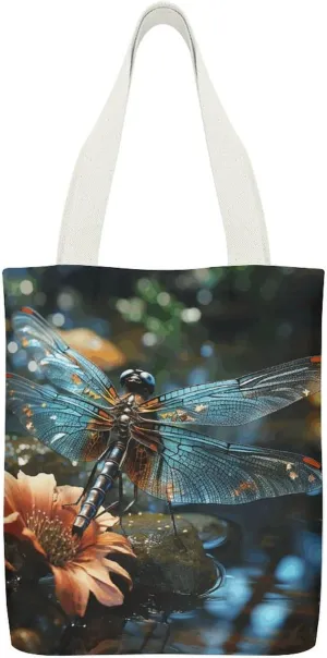 Single-sided Printed Canvas Handbag,Dragonfly Flying on The Pond Print Simple Handbag,single Shoulder Tote Bag,canvas Bag