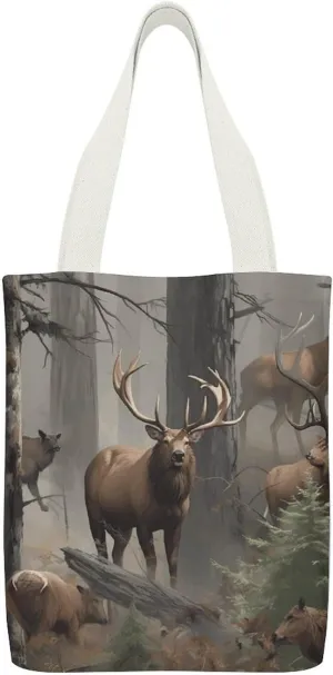 Single-sided Printed Canvas Handbag,Hunting Deer Bear Elk Print Simple Handbag,single Shoulder Tote Bag,canvas Bag