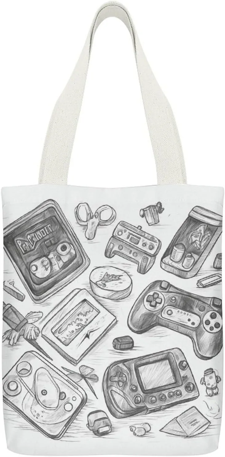 Single-sided Printed Canvas Handbag,Monochrome Sketch Style Gaming Print Simple Handbag,single Shoulder Tote Bag,canvas Bag