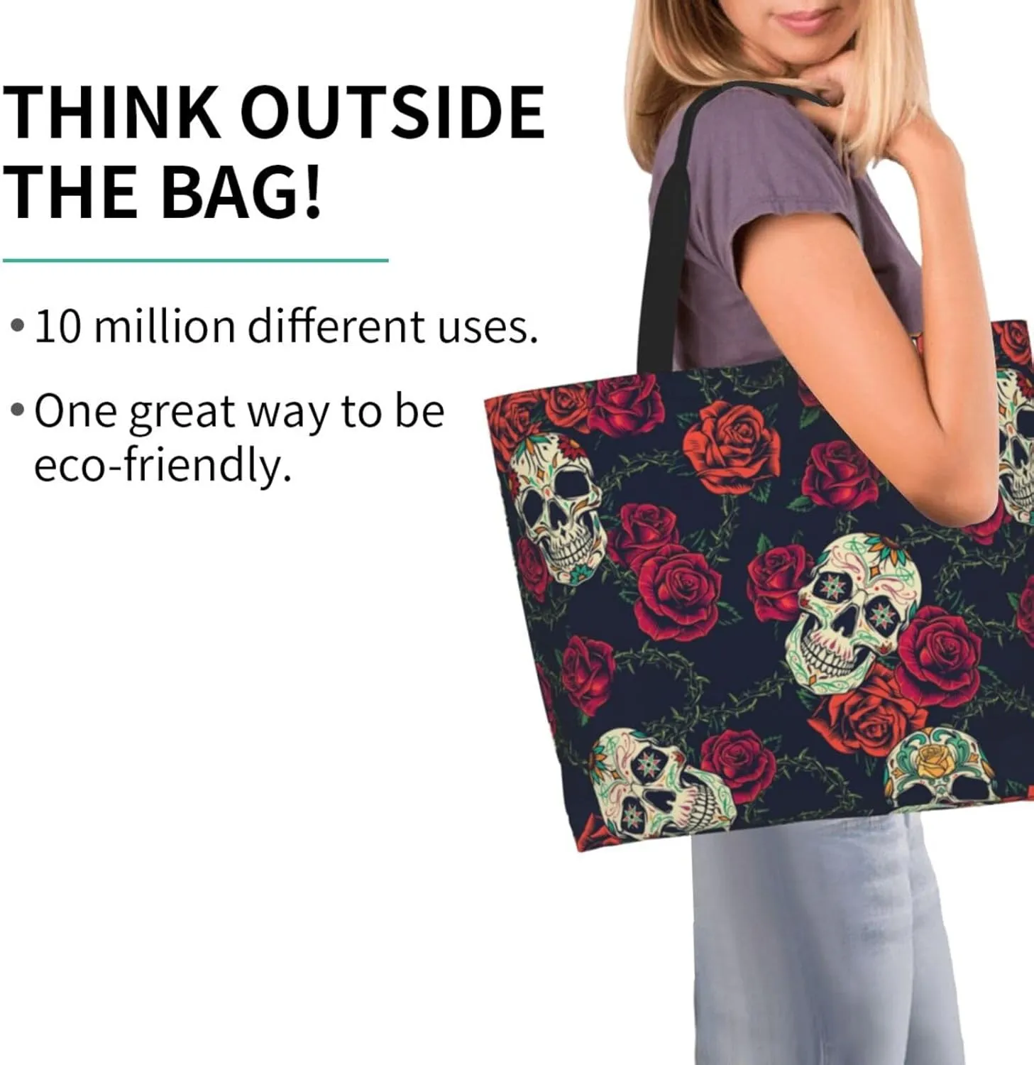 Skull Rose Tote Bag For Women, Large Shoulder Bags Foldable Grocery Handbag For Travel Shopping Sport Picnic