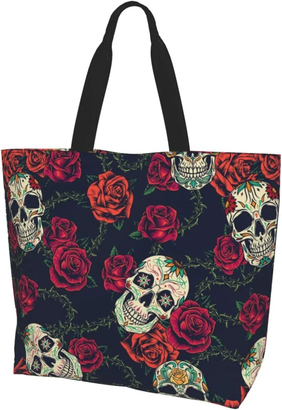 Skull Rose Tote Bag For Women, Large Shoulder Bags Foldable Grocery Handbag For Travel Shopping Sport Picnic
