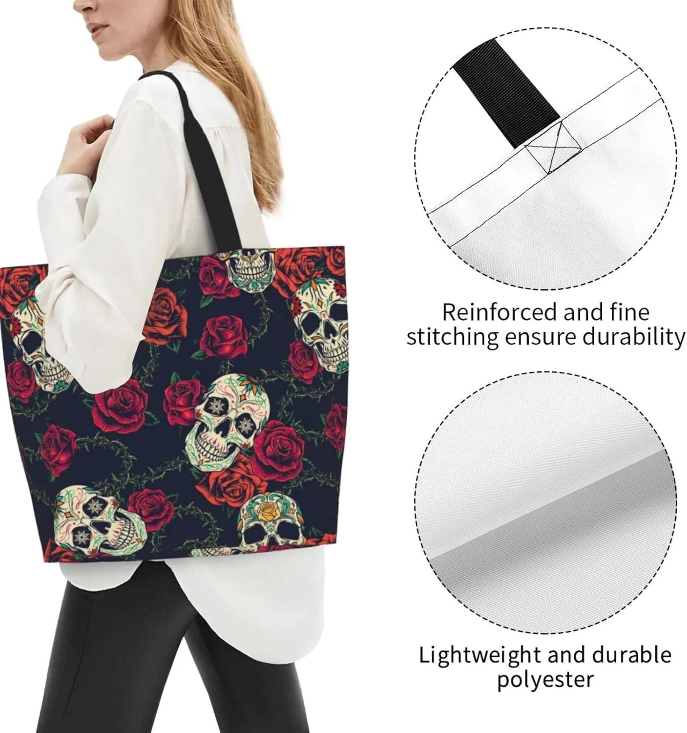 Skull Rose Tote Bag For Women, Large Shoulder Bags Foldable Grocery Handbag For Travel Shopping Sport Picnic