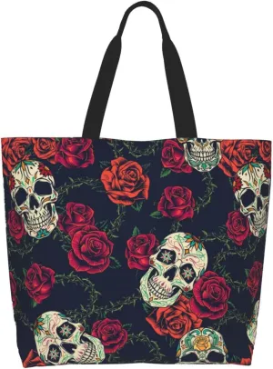 Skull Rose Tote Bag For Women, Large Shoulder Bags Foldable Grocery Handbag For Travel Shopping Sport Picnic