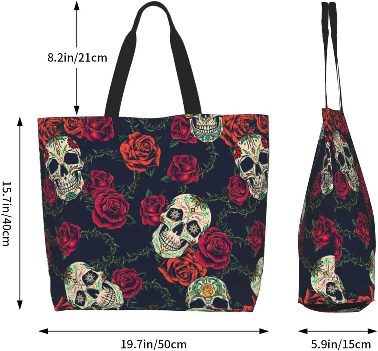 Skull Rose Tote Bag For Women, Large Shoulder Bags Foldable Grocery Handbag For Travel Shopping Sport Picnic