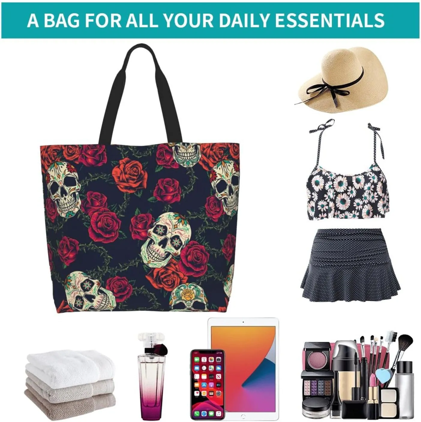 Skull Rose Tote Bag For Women, Large Shoulder Bags Foldable Grocery Handbag For Travel Shopping Sport Picnic
