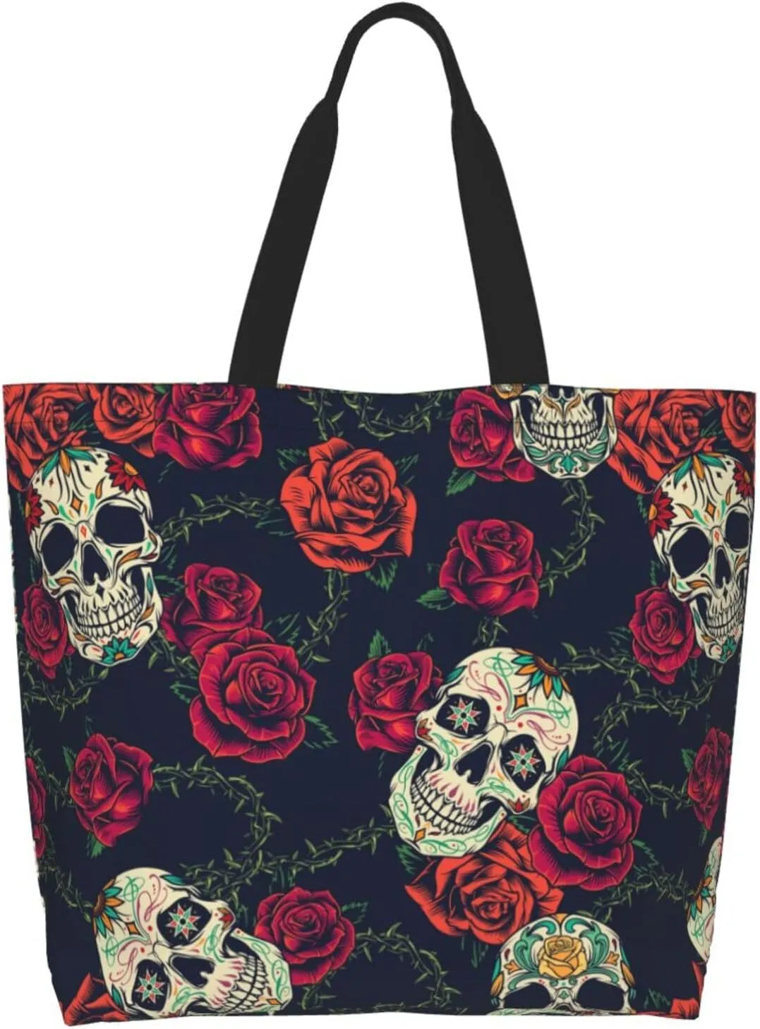 Skull Rose Tote Bag For Women, Large Shoulder Bags Foldable Grocery Handbag For Travel Shopping Sport Picnic