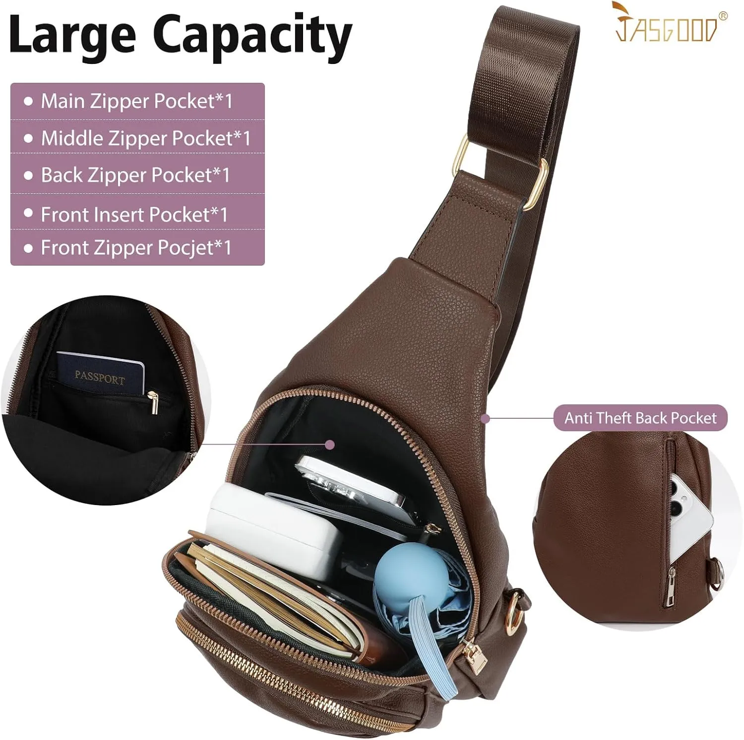 Sling Bag for Women Crossbody Leather Fanny Packs Chest Bag Fashion Sling Backpack Travel JASGOOD