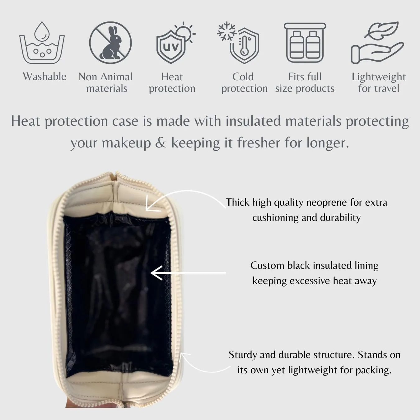 Small heat-resistant makeup bag, beauty case. Insulated cosmetic bag helps protect makeup from melting, spoiling and expiring quickly. Heat proof makeup bag for car (Oat (Off White))