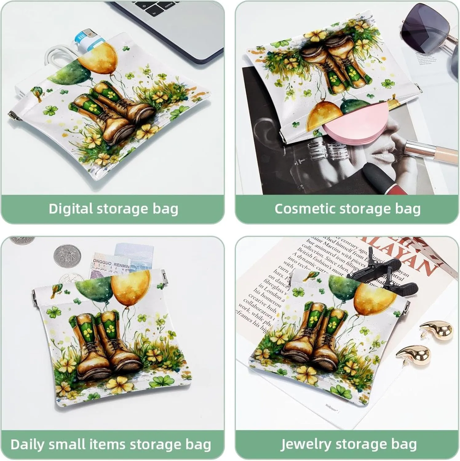 Small Pocket Cosmetic Bag, Squeeze Top Travel Makeup Bag for Purse, No Zipper Self-Closing Mini Makeup Pouch for Women Girls, Watercolor Golden Horseshoe Clover and Balloons Bird