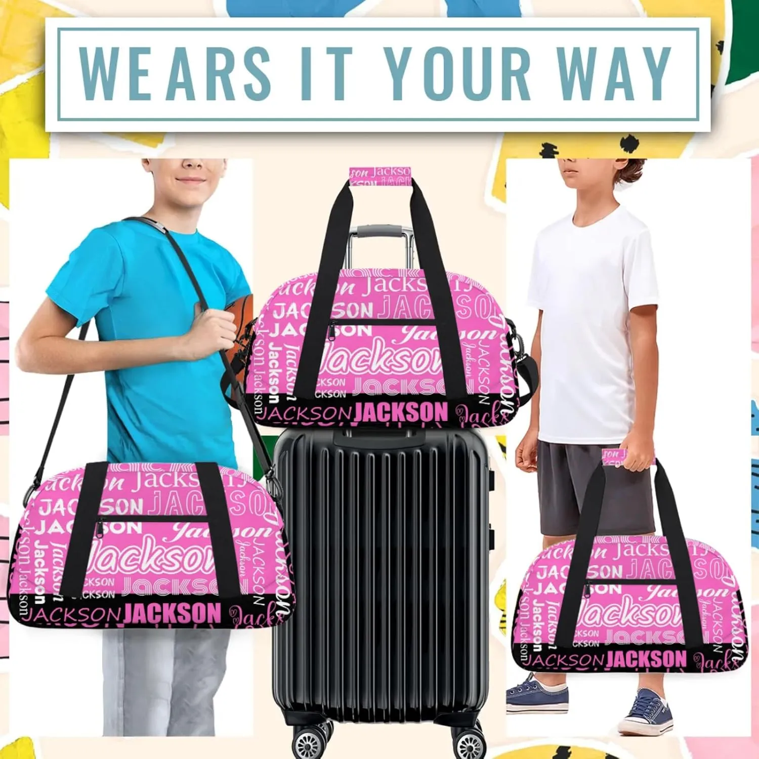 Small Sports Duffle Bag for Women Men Lightweight Custom Luggage Overnight Bag for Travel Fitness Workout Black Pink