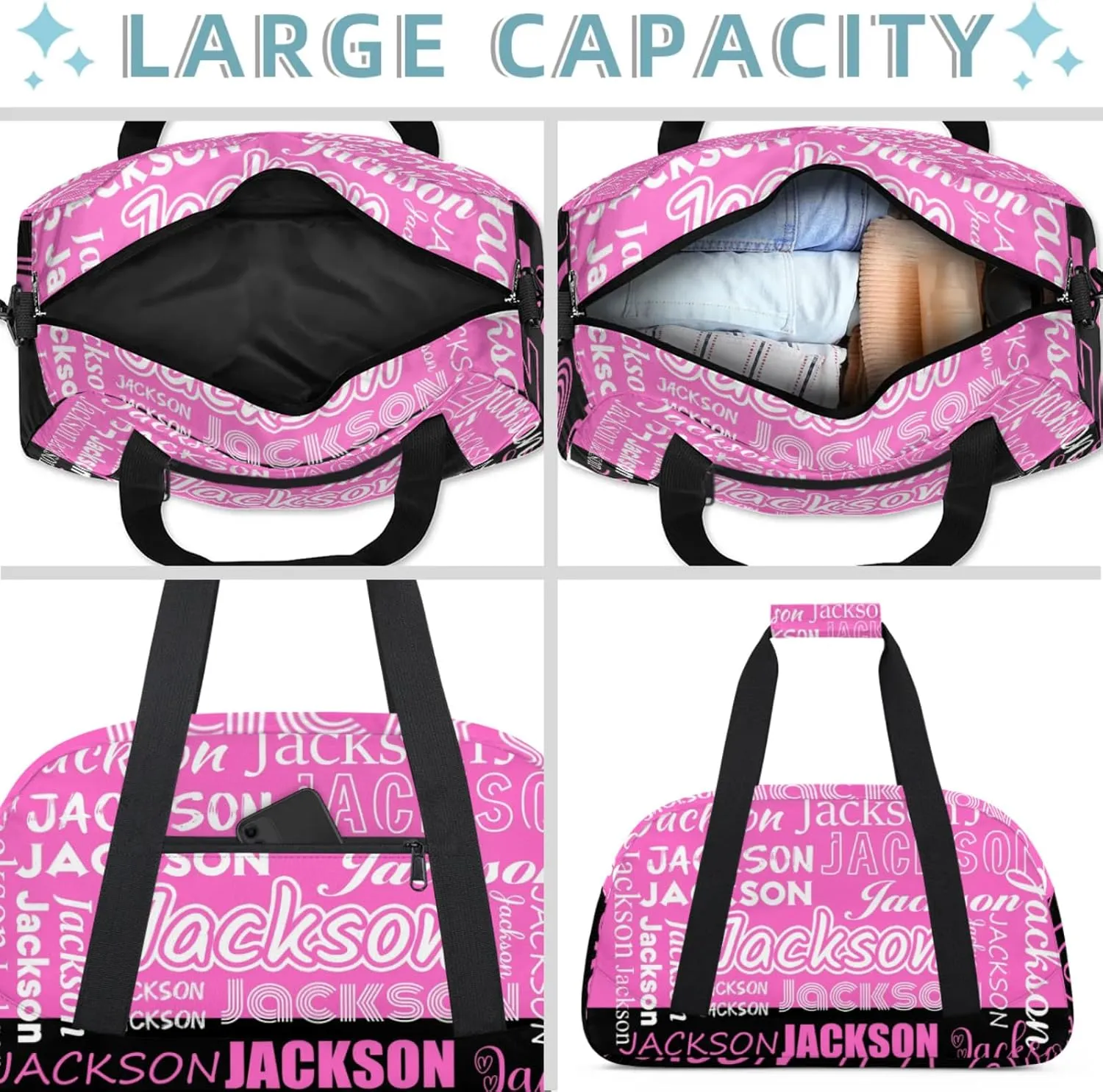 Small Sports Duffle Bag for Women Men Lightweight Custom Luggage Overnight Bag for Travel Fitness Workout Black Pink