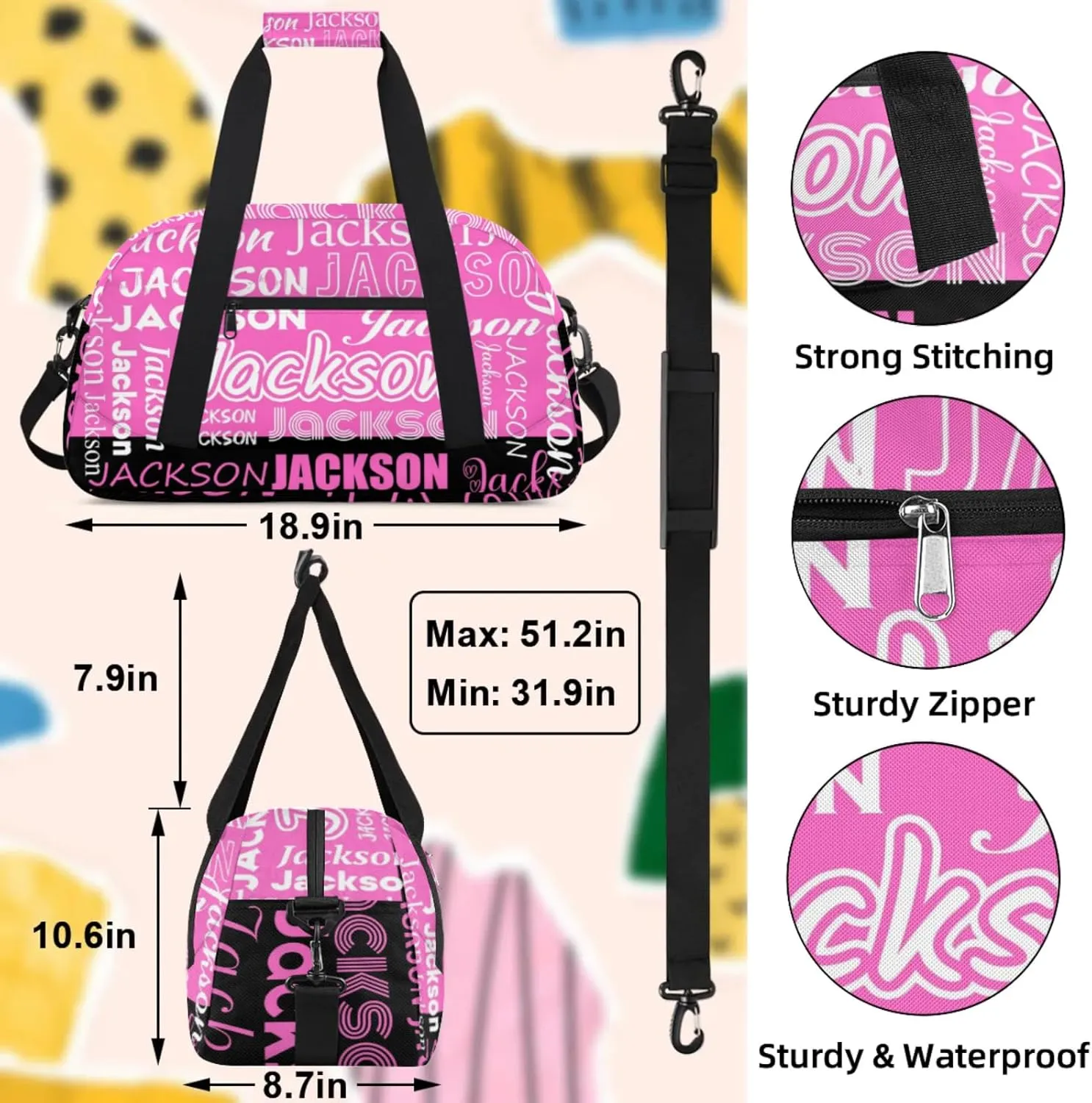 Small Sports Duffle Bag for Women Men Lightweight Custom Luggage Overnight Bag for Travel Fitness Workout Black Pink