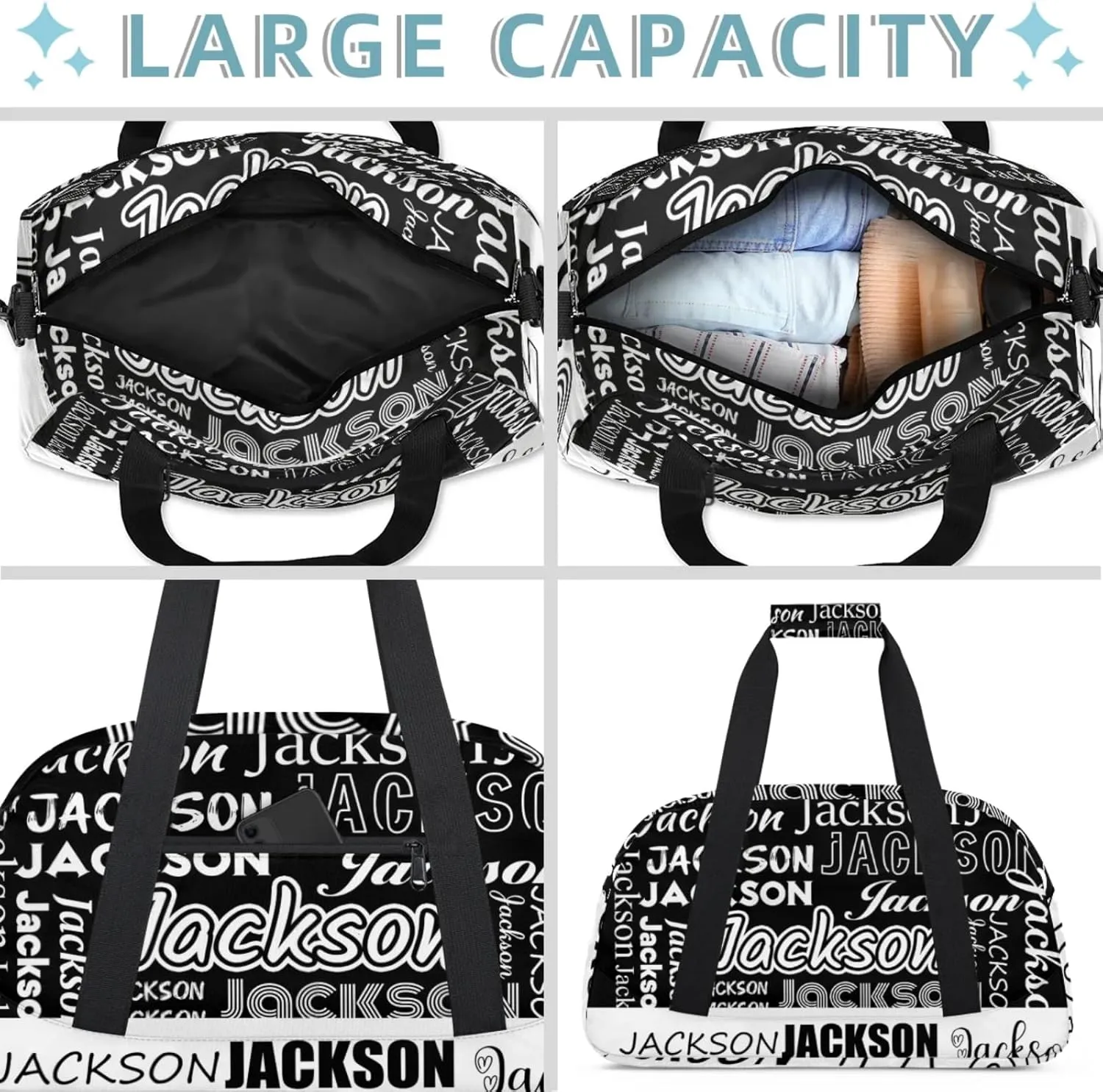 Small Sports Duffle Bag for Women Men Lightweight Custom Luggage Overnight Bag for Travel Fitness Workout Black White
