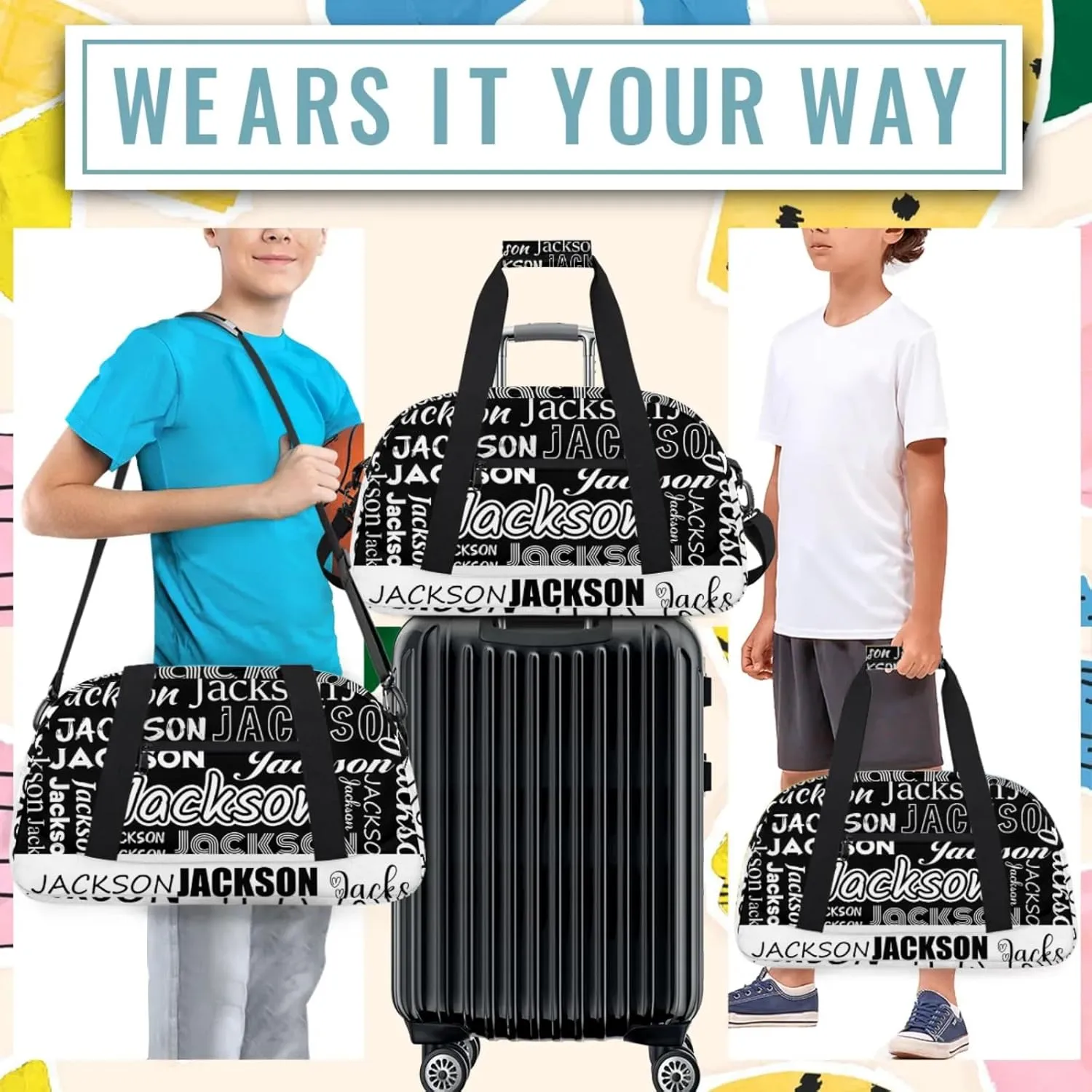 Small Sports Duffle Bag for Women Men Lightweight Custom Luggage Overnight Bag for Travel Fitness Workout Black White