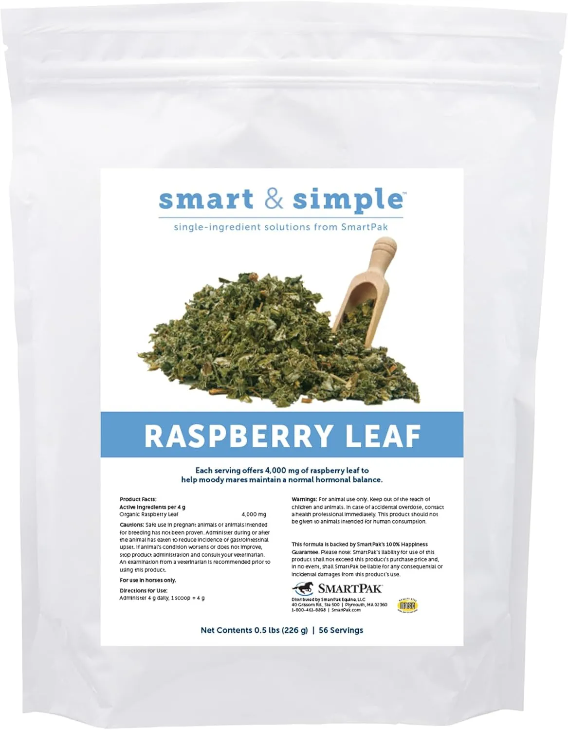 SmartPak Smart & Simple Raspberry Leaf | Horse Moody Mare Supplement | Organic Whole Leaf | Single Ingredient | Equine Supplement | 56 Servings | 0.5 lb Bag
