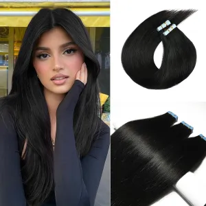 Smavida Tape in Hair Extensions Jet Black 100% Real Human Hair Extensions 20pcs 50g/pack Tape in Remy Hair Seamless Skin Weft Silk Straight Glue in Hair Extensions (12 inches, #1)