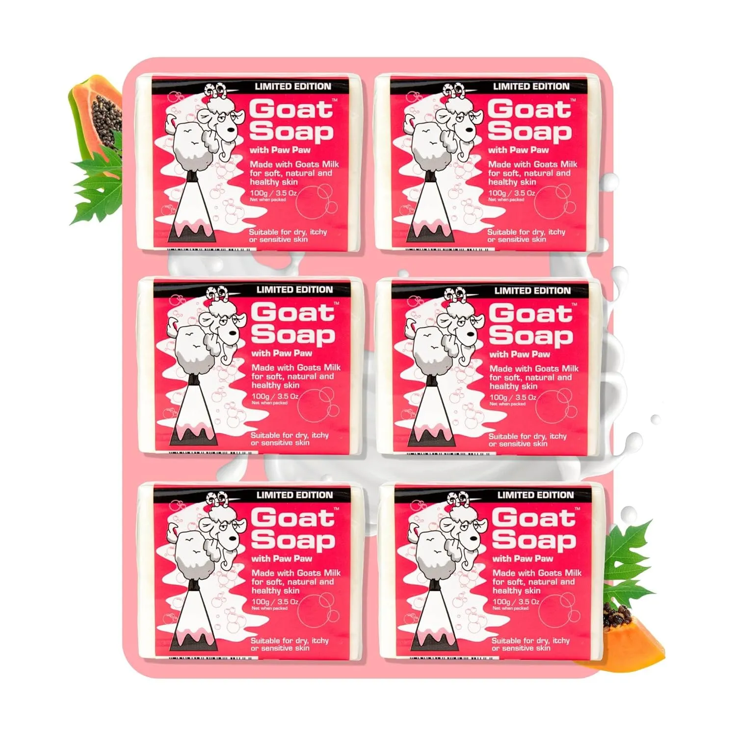 Soap Value Six Packs - for Soft, Natural and Healthy Skin, Goats Milk Body Soap Bar - 6 x 100g (3.5oz) Bars - Paw Paw