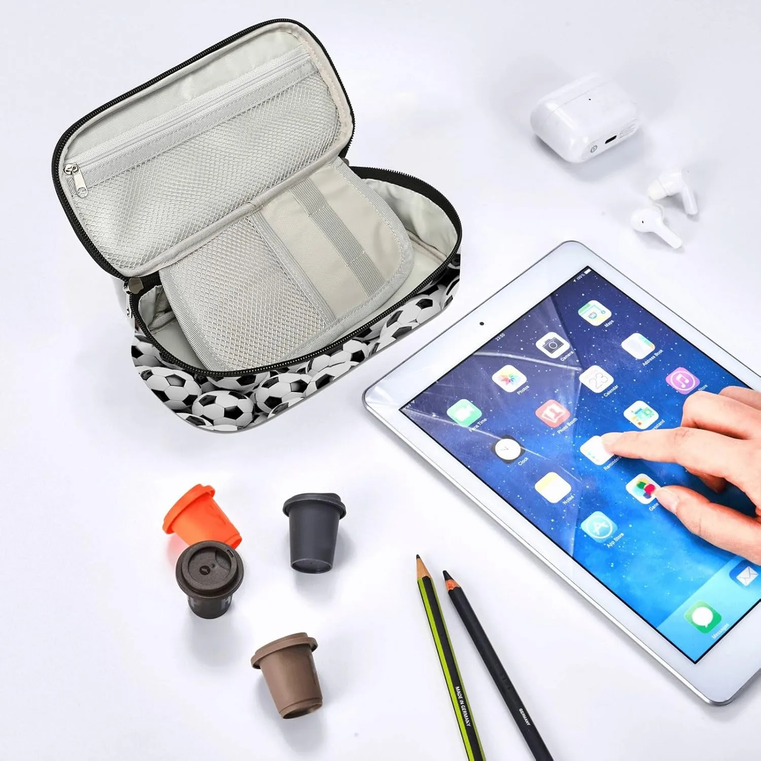Soccer Pen Holder Case Brush Pot Stationery Multifunction Pen Container Large Capacity Storage Pouch with Zipper Birthday Gifts Pen Box for Women Men