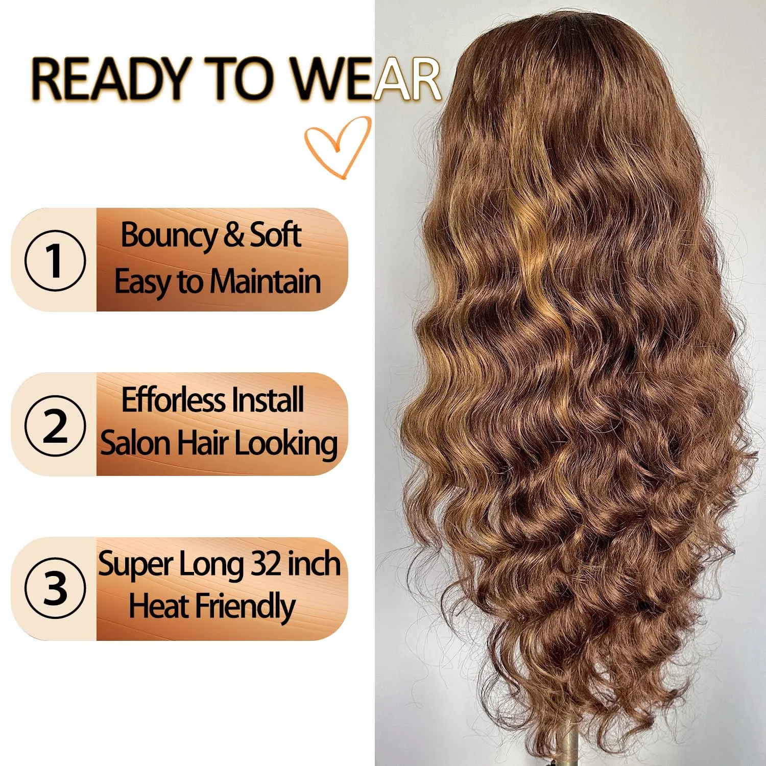 SOKU 13x6 Lace Frontal Wig Highlighted 32 Inch Body Wave Pre Plucked Babyhair Transparent HD Lace Heat Friendly Highlights Brown Bouncy Synthetic Hair