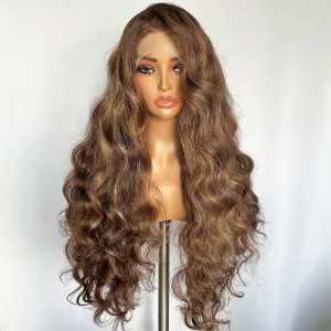 SOKU 13x6 Lace Frontal Wig Highlighted 32 Inch Body Wave Pre Plucked Babyhair Transparent HD Lace Heat Friendly Highlights Brown Bouncy Synthetic Hair