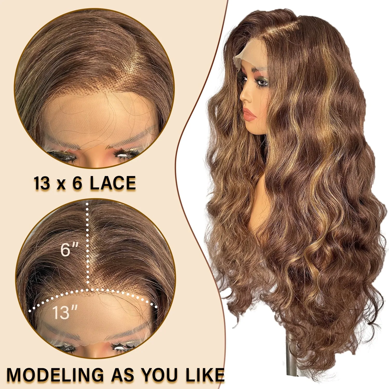 SOKU 13x6 Lace Frontal Wig Highlighted 32 Inch Body Wave Pre Plucked Babyhair Transparent HD Lace Heat Friendly Highlights Brown Bouncy Synthetic Hair