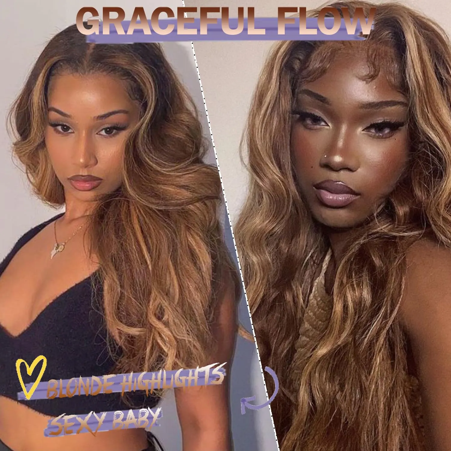 SOKU 13x6 Lace Frontal Wig Highlighted 32 Inch Body Wave Pre Plucked Babyhair Transparent HD Lace Heat Friendly Highlights Brown Bouncy Synthetic Hair