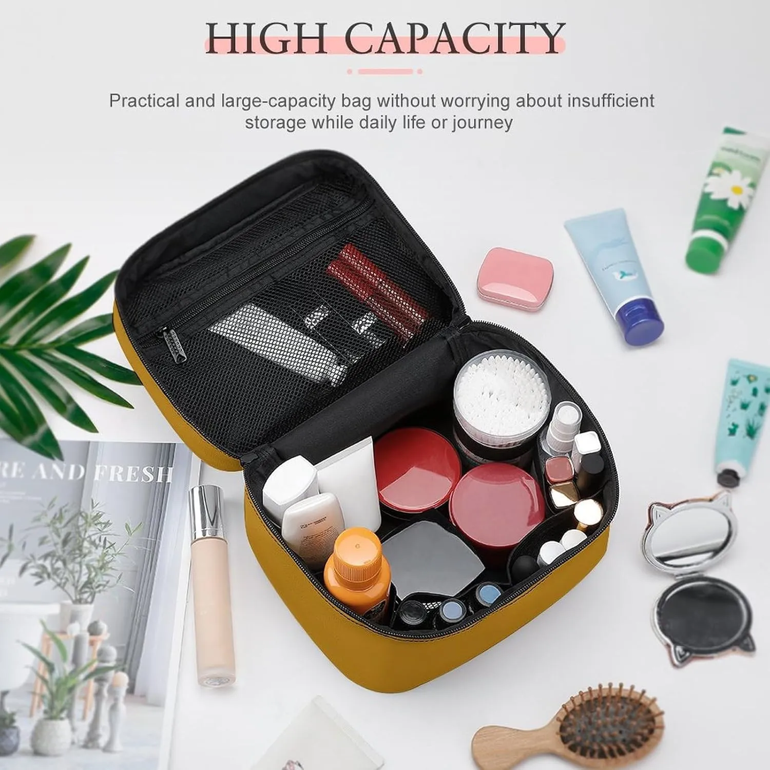 Solid Color Dark Mustard Yellow Makeup Bag, Portable Travel Cosmetic Case Zipper Toiletry Bag for Women Girls