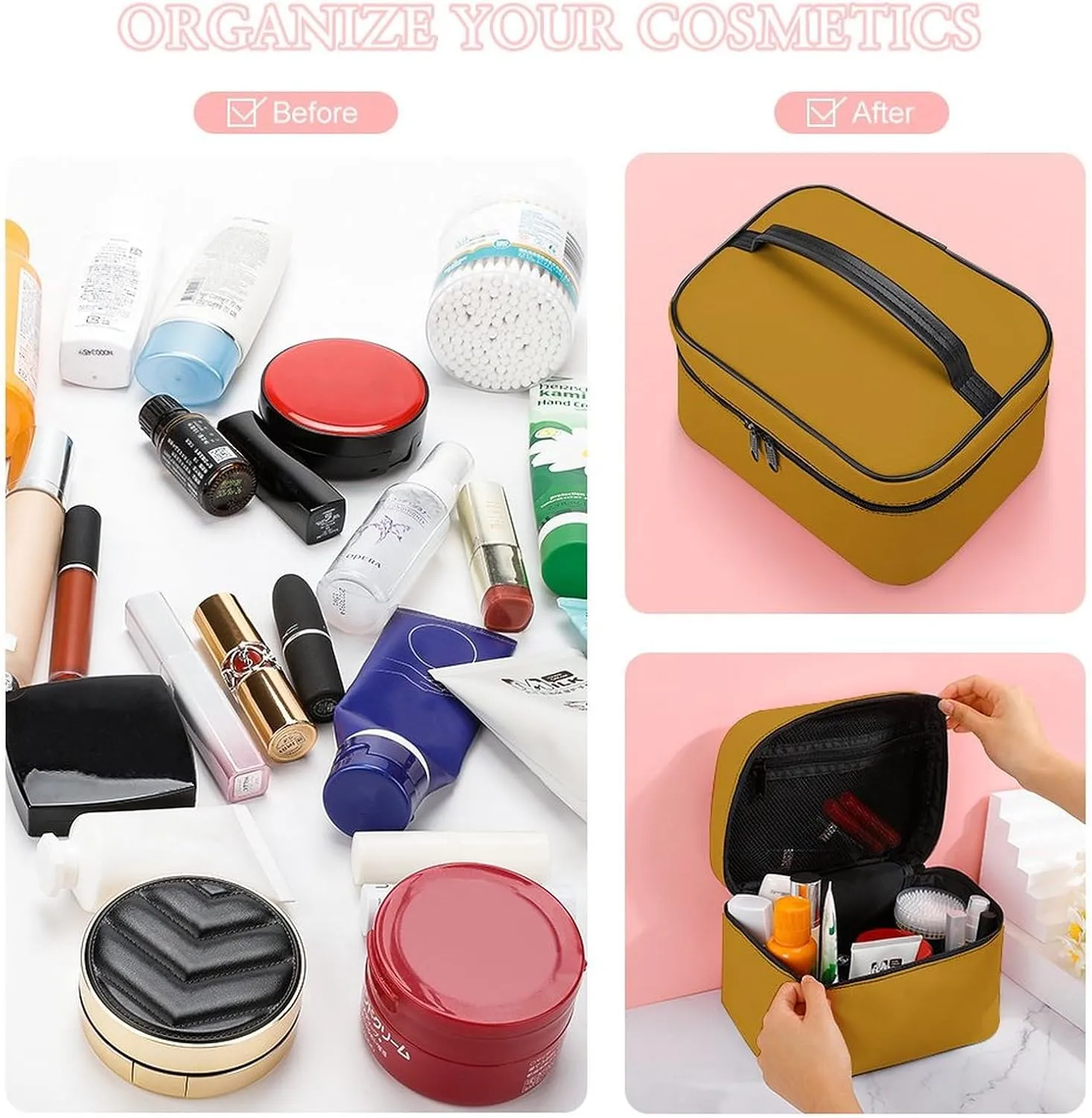 Solid Color Dark Mustard Yellow Makeup Bag, Portable Travel Cosmetic Case Zipper Toiletry Bag for Women Girls