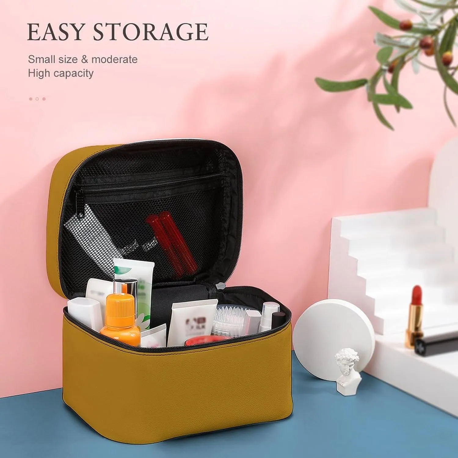 Solid Color Dark Mustard Yellow Makeup Bag, Portable Travel Cosmetic Case Zipper Toiletry Bag for Women Girls