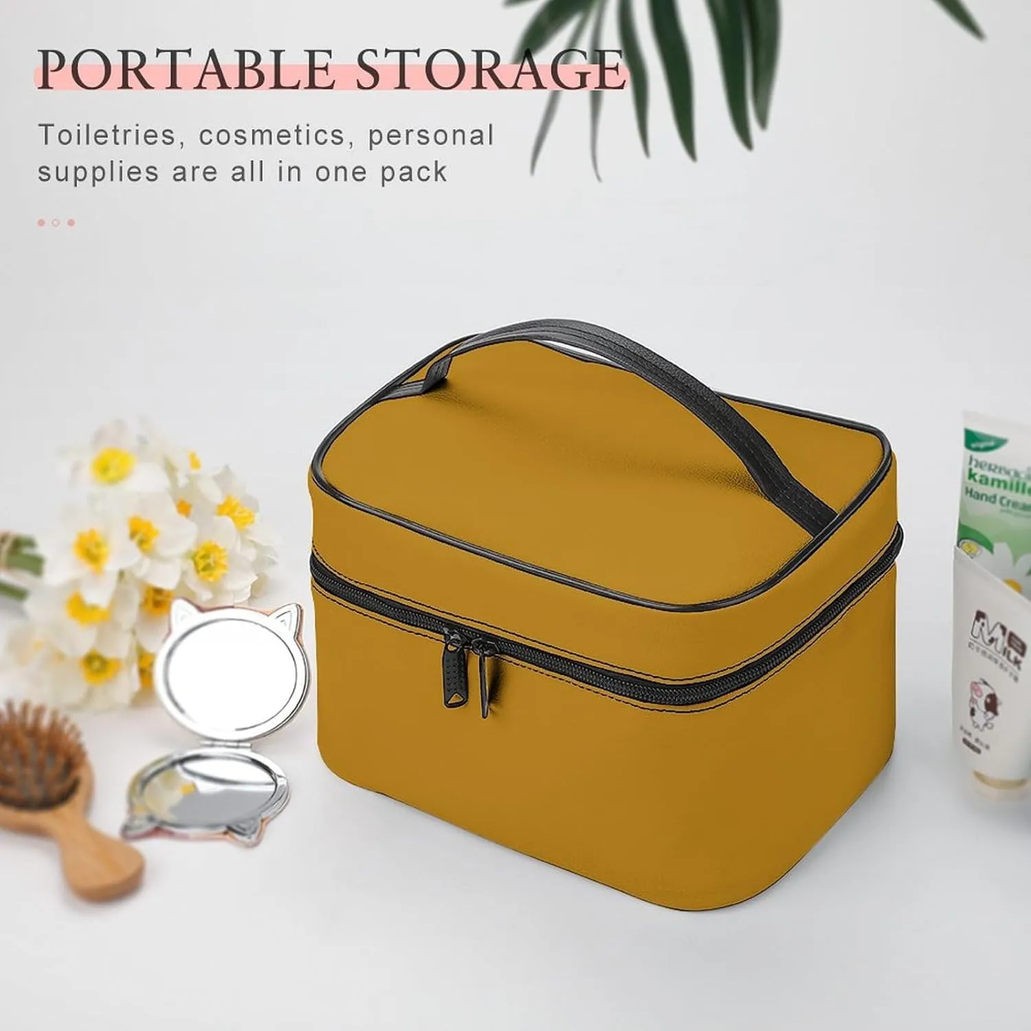 Solid Color Dark Mustard Yellow Makeup Bag, Portable Travel Cosmetic Case Zipper Toiletry Bag for Women Girls