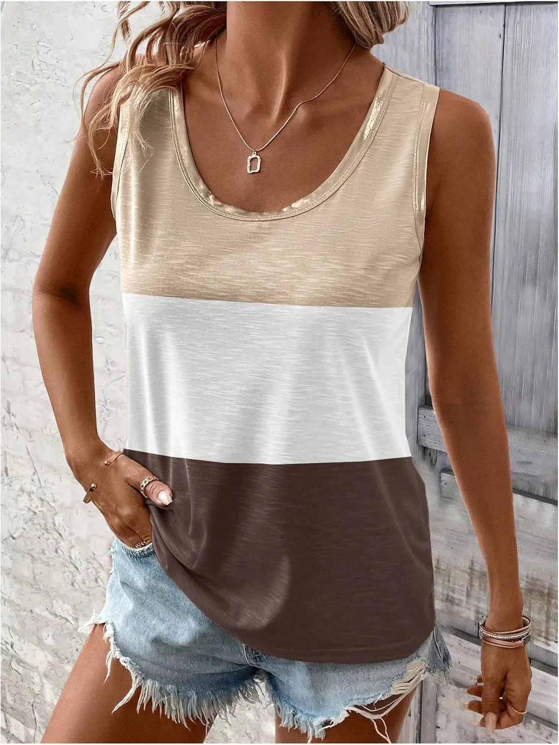 SOLY HUX Tank Top for Women Scoop Neck Sleeveless Contrast Metallic Summer Tops