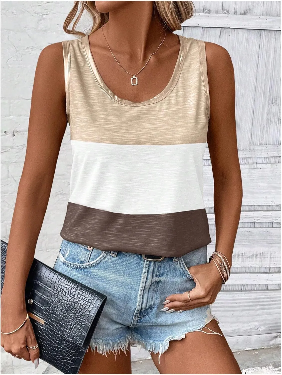 SOLY HUX Tank Top for Women Scoop Neck Sleeveless Contrast Metallic Summer Tops