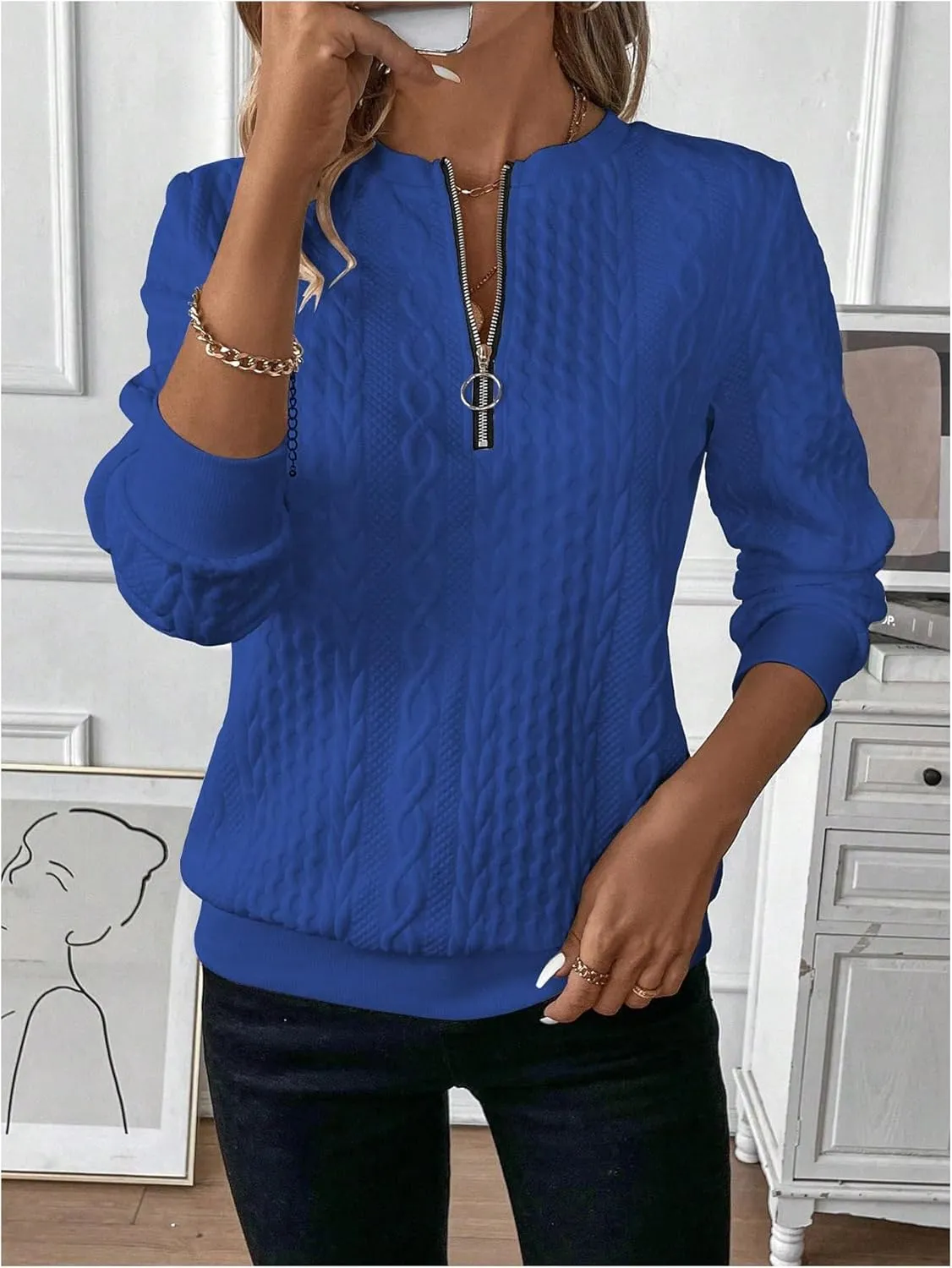 SOLY HUX Women's Half Zip Sweatshirt Crew Neck Long Sleeve Cable Knit Pullover Tops