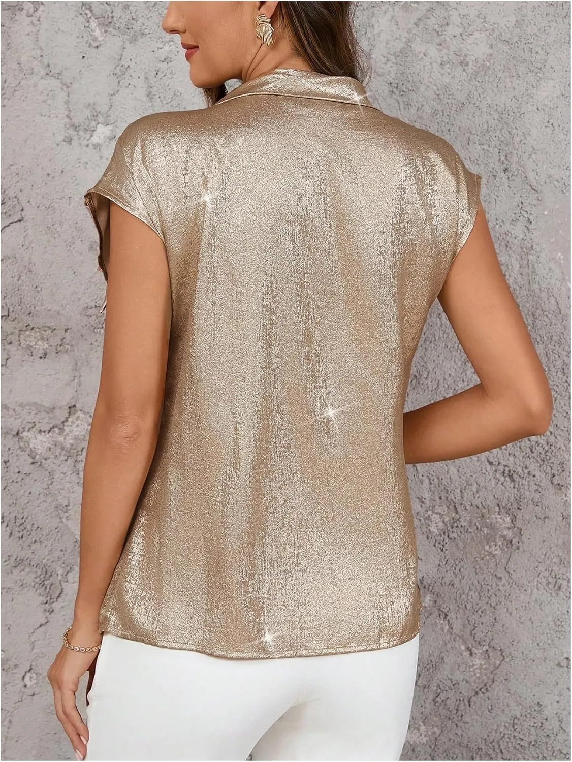 SOLY HUX Women's Metallic Tops Bow Tie Mock Neck Cap Sleeve Elegant Blouse