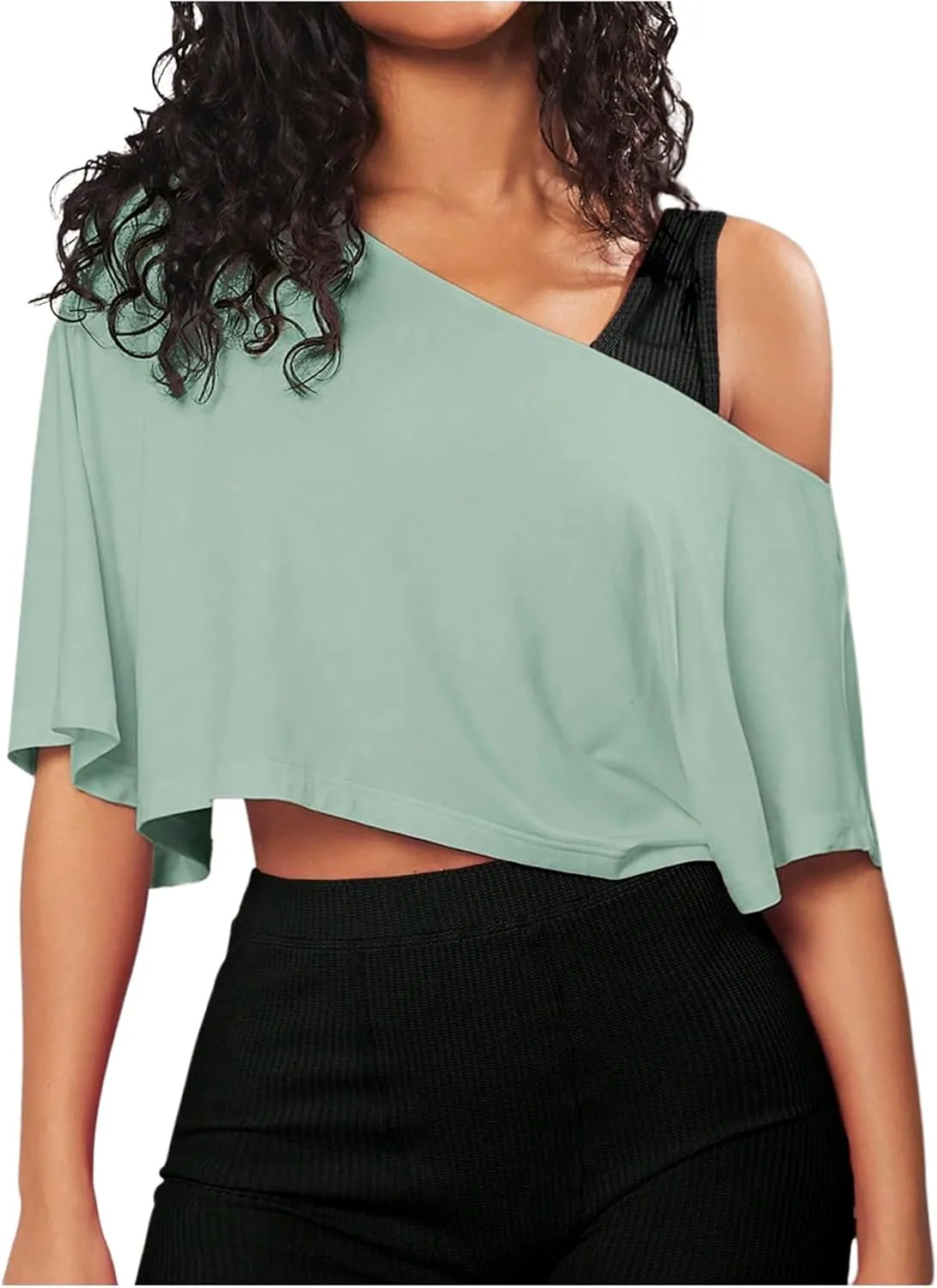 SOLY HUX Women's Off The Shoulder Tee Yoga Workout Crop Top Half Sleeve Asymmetrical Neck Activewear T Shirt