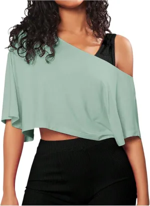 SOLY HUX Women's Off The Shoulder Tee Yoga Workout Crop Top Half Sleeve Asymmetrical Neck Activewear T Shirt