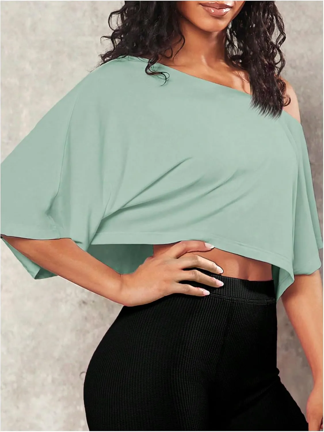 SOLY HUX Women's Off The Shoulder Tee Yoga Workout Crop Top Half Sleeve Asymmetrical Neck Activewear T Shirt