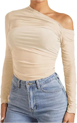 SOLY HUX Women's Off The Shoulder Tops Long Sleeve Ruched Sheer Tee Shirts Asymmetrical Slim Fit Going Out Tee Top