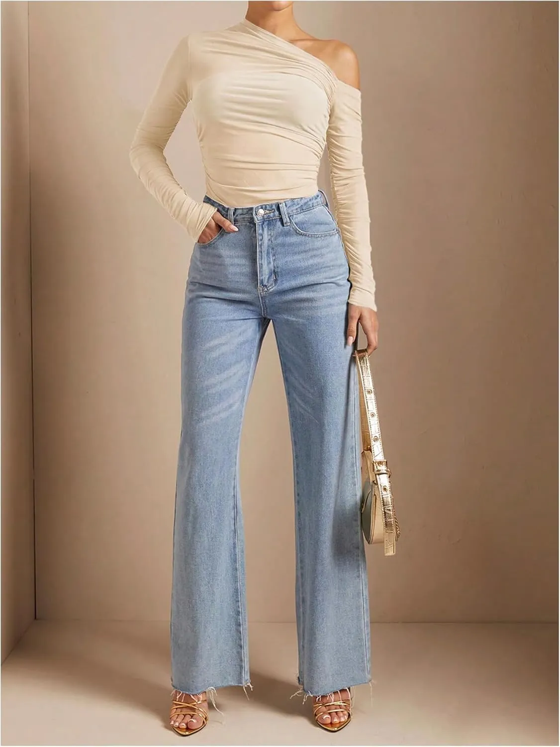 SOLY HUX Women's Off The Shoulder Tops Long Sleeve Ruched Sheer Tee Shirts Asymmetrical Slim Fit Going Out Tee Top