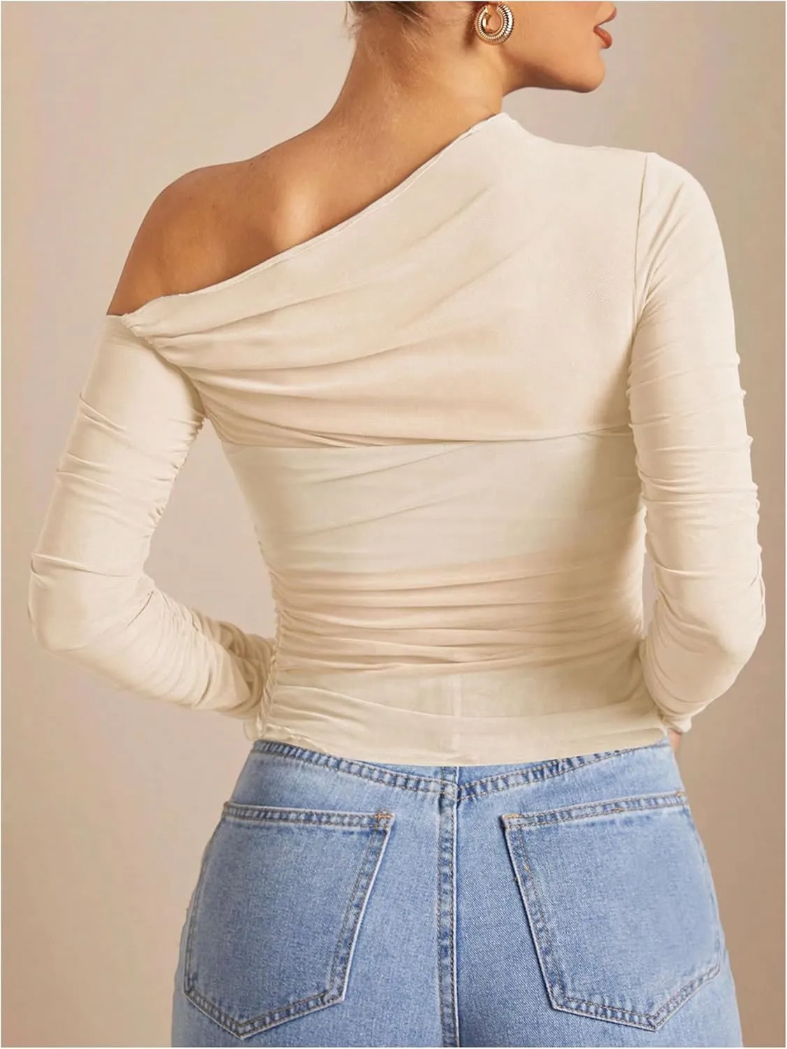 SOLY HUX Women's Off The Shoulder Tops Long Sleeve Ruched Sheer Tee Shirts Asymmetrical Slim Fit Going Out Tee Top