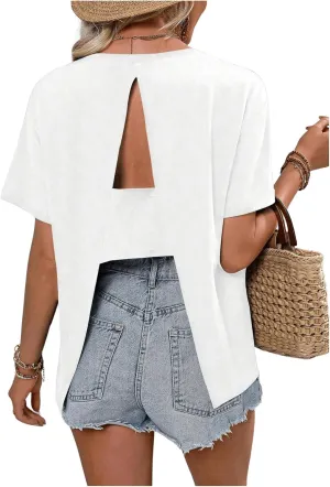 SOLY HUX Women's Open Back Tops Cut Out Split Tee Short Sleeve Round Neck Casual T Shirt