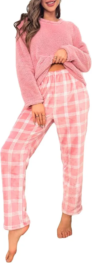 SOLY HUX Women's Pajama Set Fuzzy Long Sleeve Tee Tops and Plaid Pants Loungewear Sleepwear