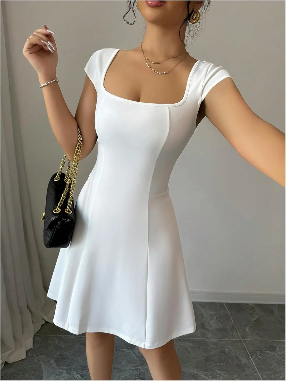 SOLY HUX Women's Square Neck Cap Sleeve Dress A Line Flared Summer Mini Dresses