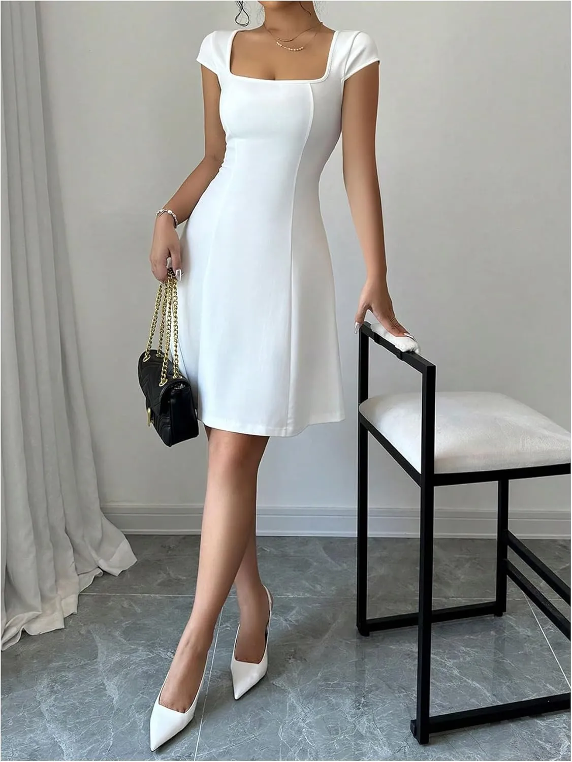 SOLY HUX Women's Square Neck Cap Sleeve Dress A Line Flared Summer Mini Dresses