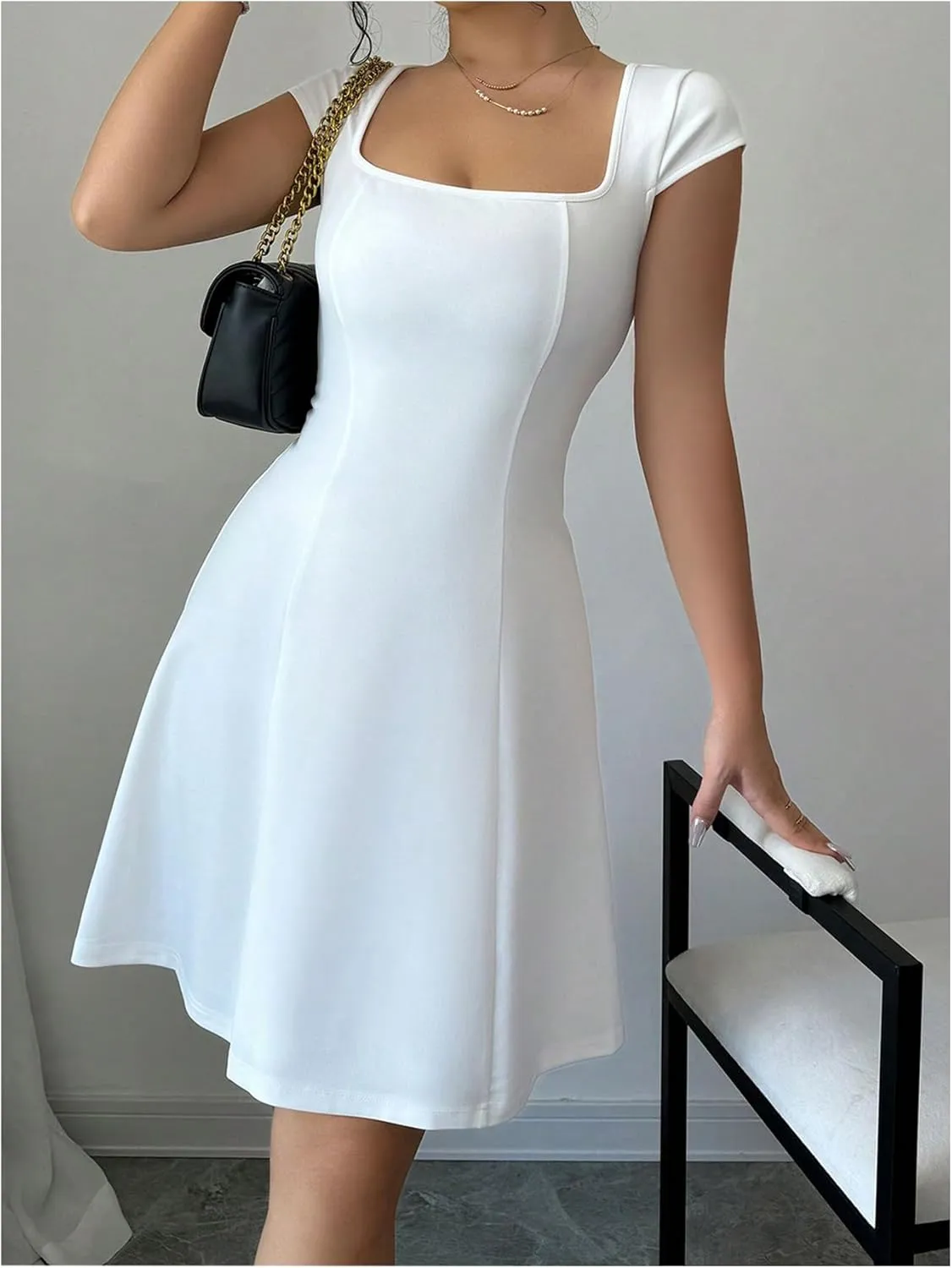 SOLY HUX Women's Square Neck Cap Sleeve Dress A Line Flared Summer Mini Dresses